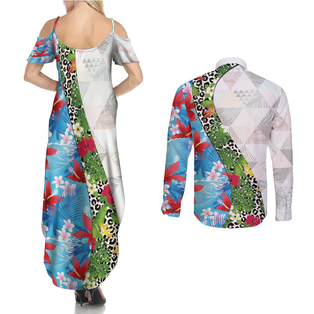 Hawaiian Tropical Flowers and Leaves Couples Matching Summer Maxi Dress and Long Sleeve Button Shirt on Leopard Pattern Half Style White-Blue Version LT03 - Polynesian Pride