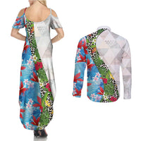 Hawaiian Tropical Flowers and Leaves Couples Matching Summer Maxi Dress and Long Sleeve Button Shirt on Leopard Pattern Half Style White-Blue Version LT03 - Polynesian Pride