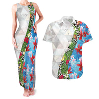 Hawaiian Tropical Flowers and Leaves Couples Matching Tank Maxi Dress and Hawaiian Shirt on Leopard Pattern Half Style White-Blue Version LT03 White - Polynesian Pride