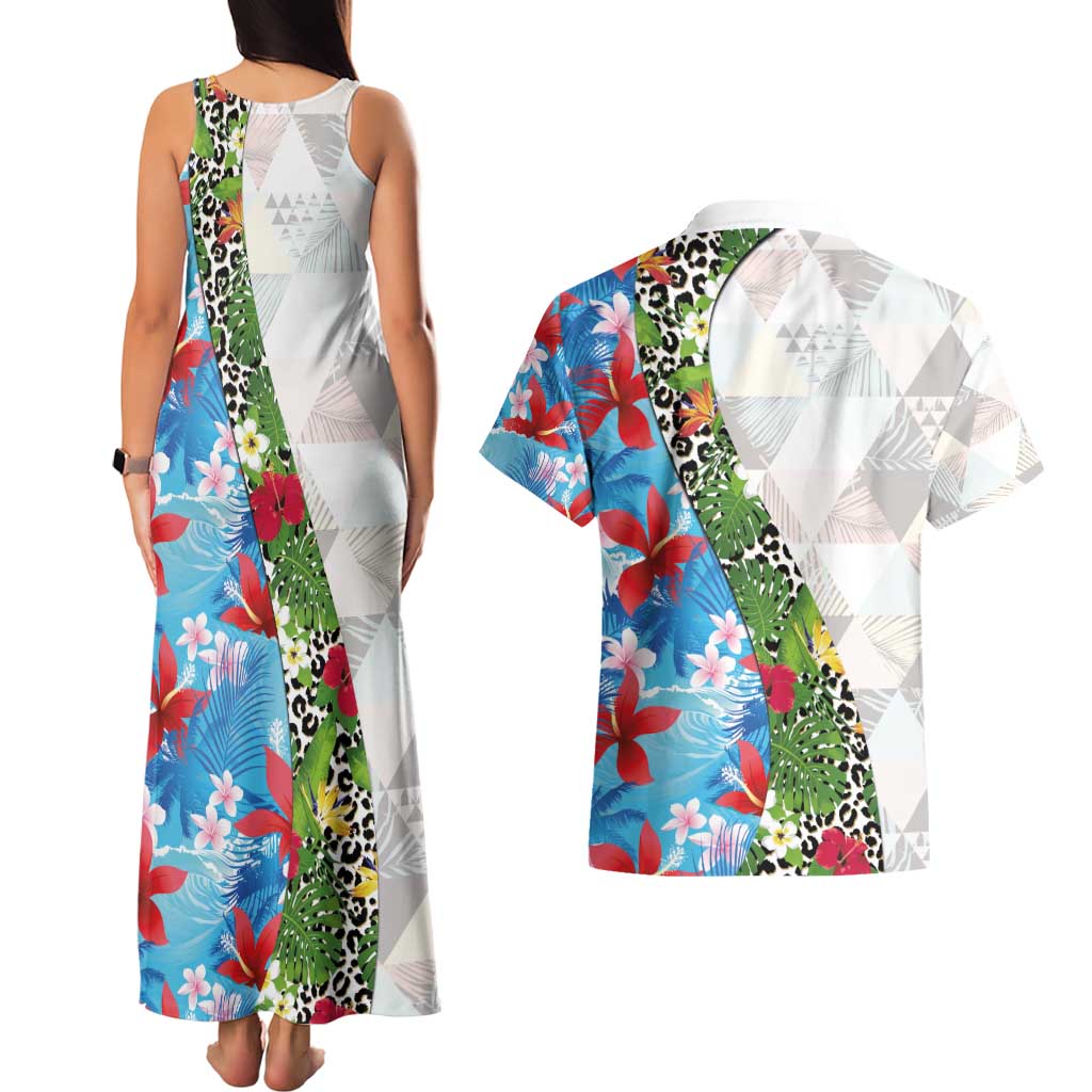 Hawaiian Tropical Flowers and Leaves Couples Matching Tank Maxi Dress and Hawaiian Shirt on Leopard Pattern Half Style White-Blue Version LT03 - Polynesian Pride