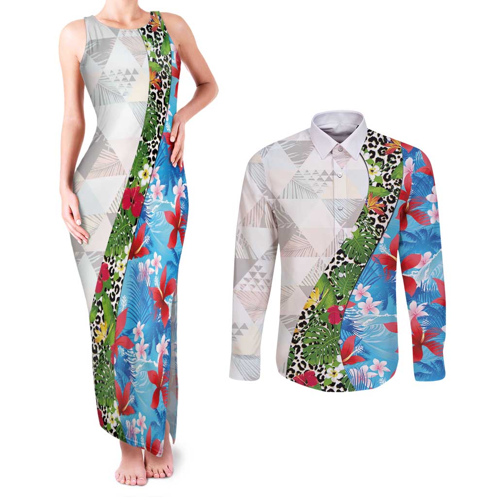 Hawaiian Tropical Flowers and Leaves Couples Matching Tank Maxi Dress and Long Sleeve Button Shirt on Leopard Pattern Half Style White-Blue Version LT03 White - Polynesian Pride