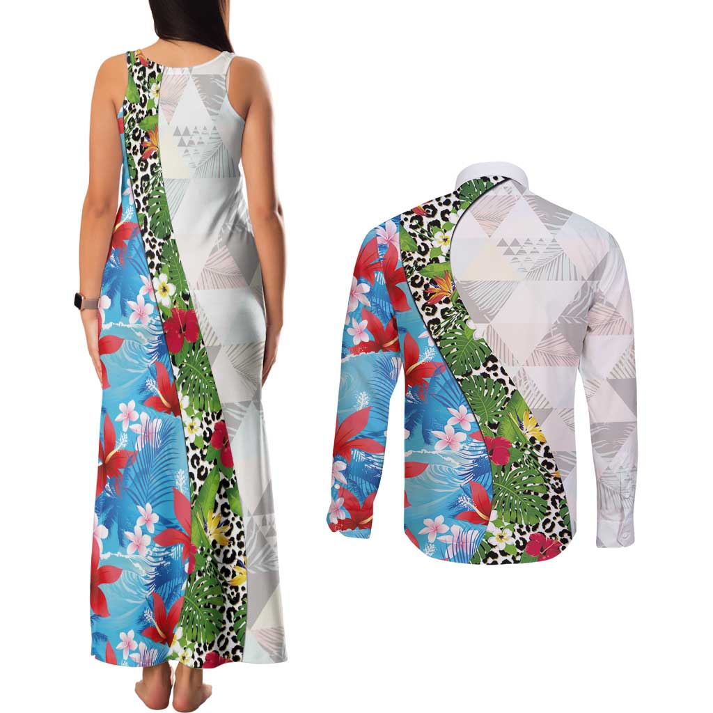 Hawaiian Tropical Flowers and Leaves Couples Matching Tank Maxi Dress and Long Sleeve Button Shirt on Leopard Pattern Half Style White-Blue Version LT03 - Polynesian Pride