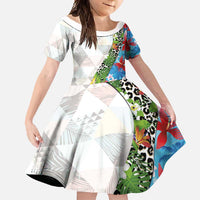 Hawaiian Tropical Flowers and Leaves Family Matching Long Sleeve Bodycon Dress and Hawaiian Shirt on Leopard Pattern Half Style White-Blue Version - Polynesian Pride