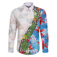 Hawaiian Tropical Flowers and Leaves Family Matching Long Sleeve Bodycon Dress and Hawaiian Shirt on Leopard Pattern Half Style White-Blue Version - Polynesian Pride