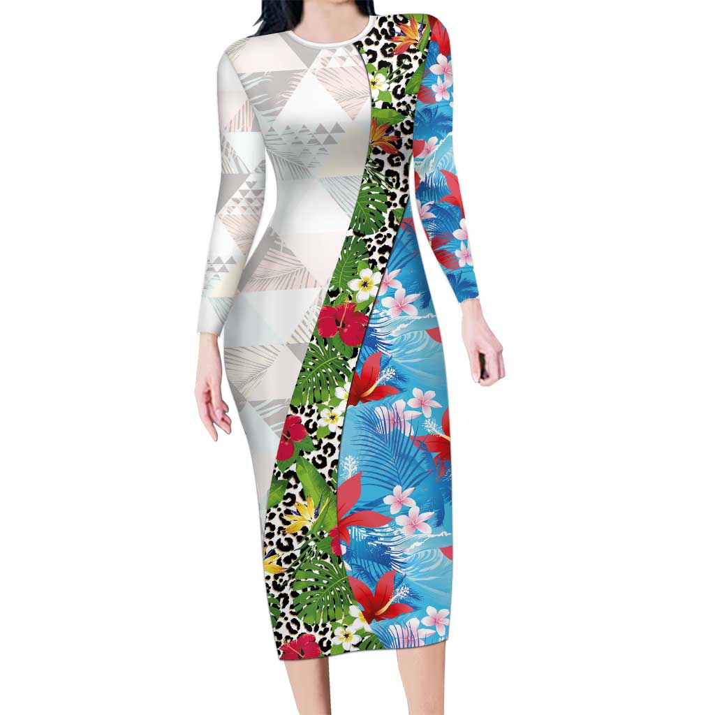 Hawaiian Tropical Flowers and Leaves Family Matching Long Sleeve Bodycon Dress and Hawaiian Shirt on Leopard Pattern Half Style White-Blue Version - Polynesian Pride