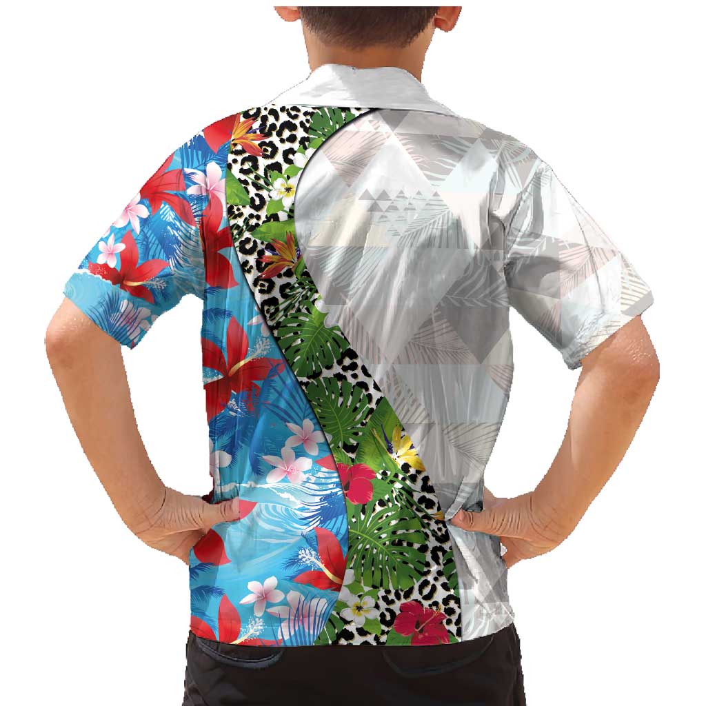 Hawaiian Tropical Flowers and Leaves Family Matching Mermaid Dress and Hawaiian Shirt on Leopard Pattern Half Style White-Blue Version - Polynesian Pride