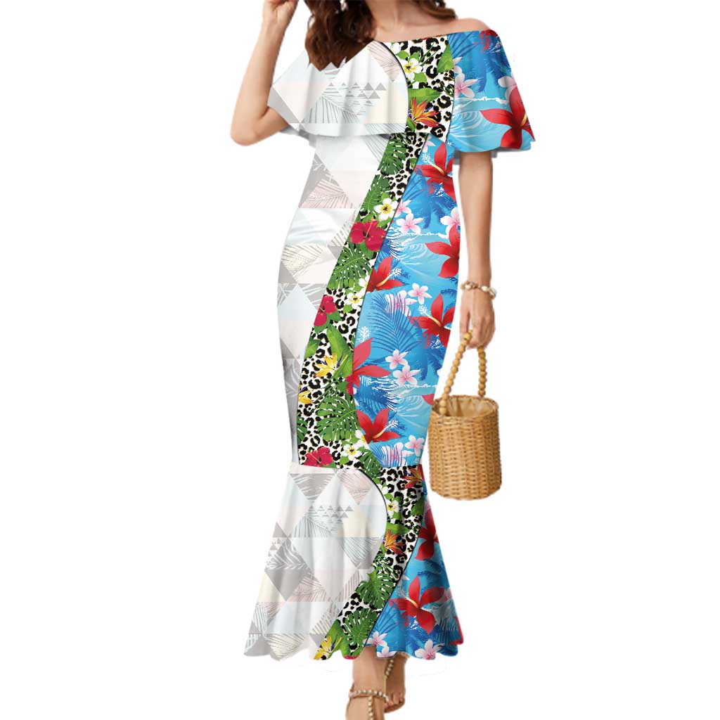 Hawaiian Tropical Flowers and Leaves Family Matching Mermaid Dress and Hawaiian Shirt on Leopard Pattern Half Style White-Blue Version - Polynesian Pride