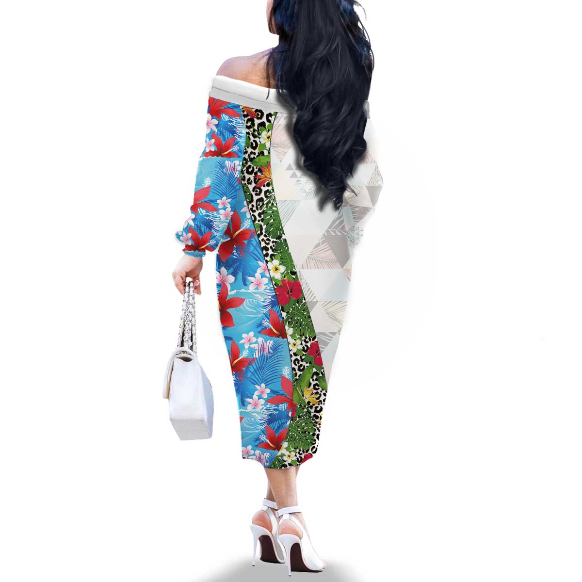 Hawaiian Tropical Flowers and Leaves Family Matching Off The Shoulder Long Sleeve Dress and Hawaiian Shirt on Leopard Pattern Half Style White-Blue Version - Polynesian Pride