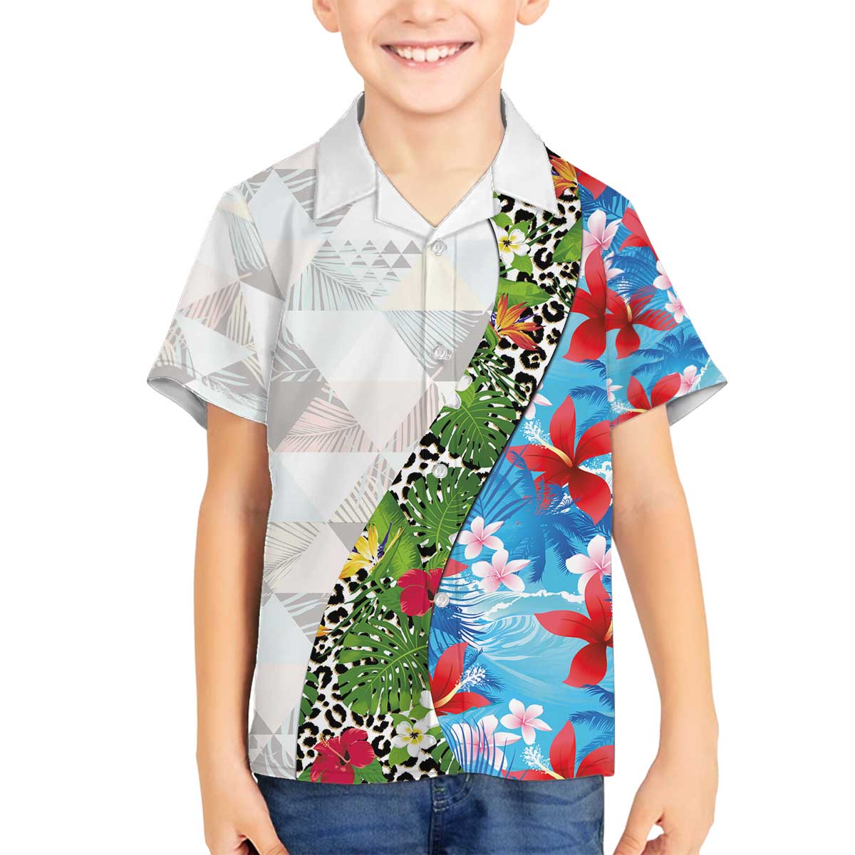 Hawaiian Tropical Flowers and Leaves Family Matching Off The Shoulder Long Sleeve Dress and Hawaiian Shirt on Leopard Pattern Half Style White-Blue Version - Polynesian Pride
