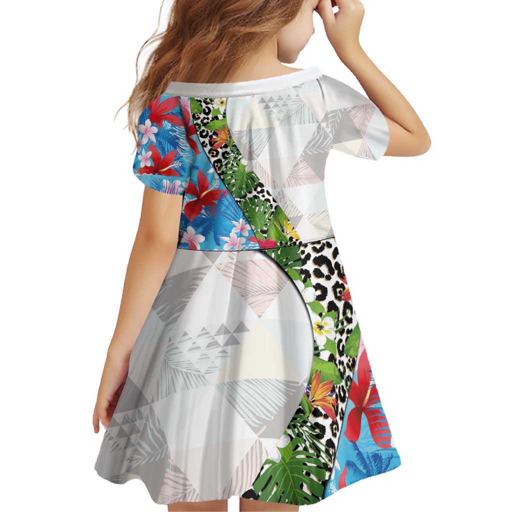 Hawaiian Tropical Flowers and Leaves Family Matching Off Shoulder Short Dress and Hawaiian Shirt on Leopard Pattern Half Style White-Blue Version - Polynesian Pride