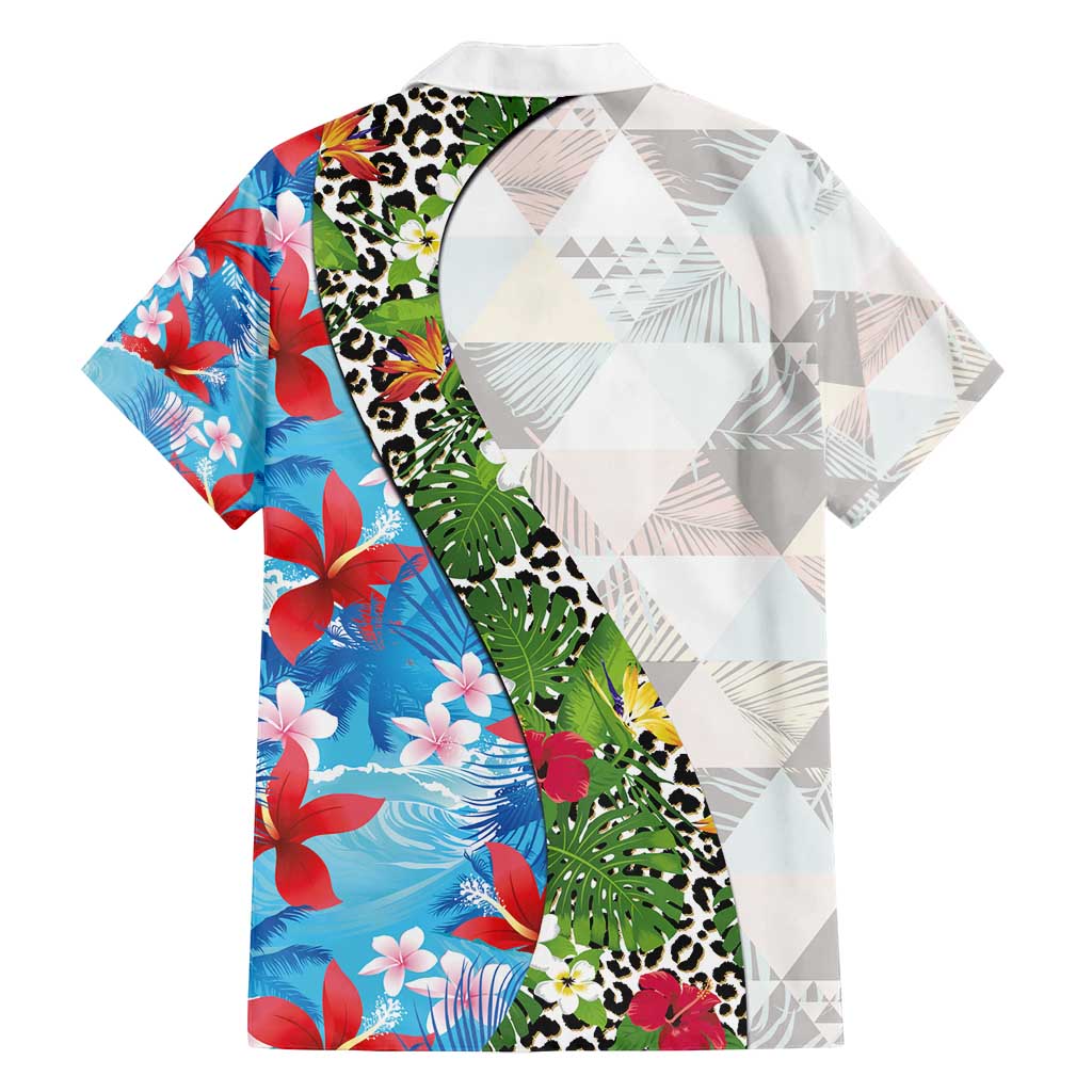 Hawaiian Tropical Flowers and Leaves Family Matching Off Shoulder Short Dress and Hawaiian Shirt on Leopard Pattern Half Style White-Blue Version - Polynesian Pride