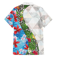 Hawaiian Tropical Flowers and Leaves Family Matching Off Shoulder Short Dress and Hawaiian Shirt on Leopard Pattern Half Style White-Blue Version - Polynesian Pride