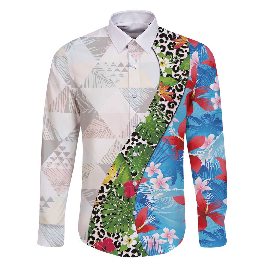 Hawaiian Tropical Flowers and Leaves Family Matching Off Shoulder Short Dress and Hawaiian Shirt on Leopard Pattern Half Style White-Blue Version - Polynesian Pride