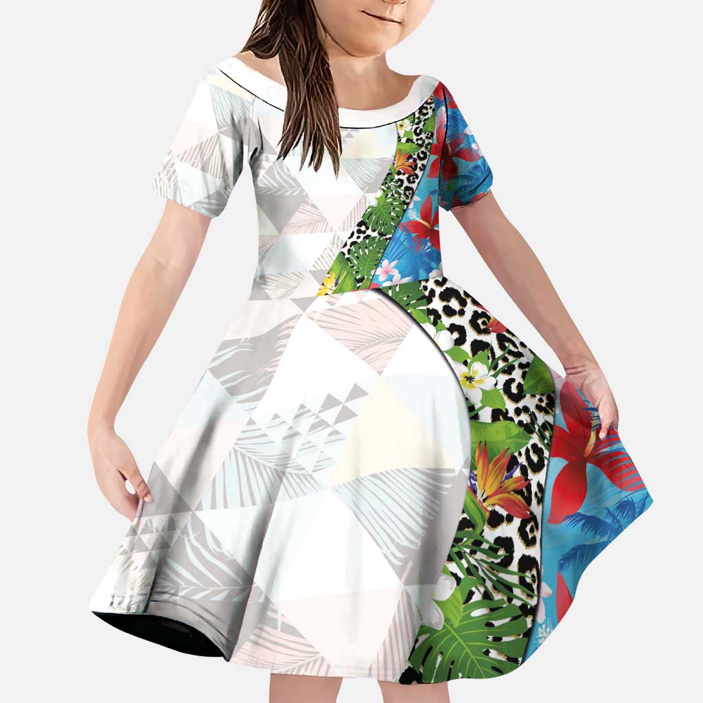 Hawaiian Tropical Flowers and Leaves Family Matching Puletasi and Hawaiian Shirt on Leopard Pattern Half Style White-Blue Version LT03 Daughter's Dress White - Polynesian Pride