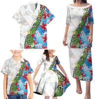 Hawaiian Tropical Flowers and Leaves Family Matching Puletasi and Hawaiian Shirt on Leopard Pattern Half Style White-Blue Version LT03 - Polynesian Pride