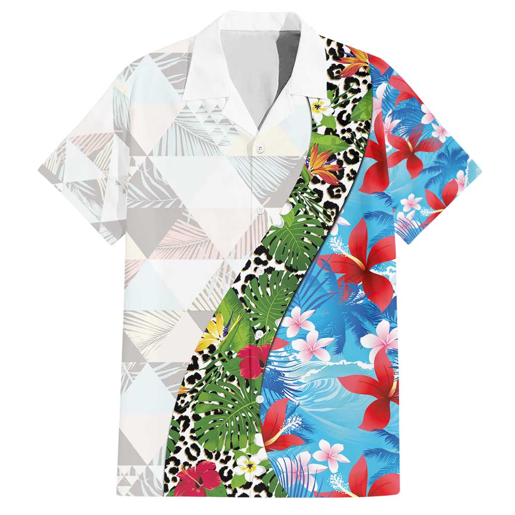 Hawaiian Tropical Flowers and Leaves Family Matching Short Sleeve Bodycon Dress and Hawaiian Shirt on Leopard Pattern Half Style White-Blue Version - Polynesian Pride