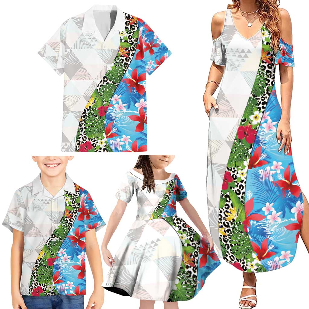 Hawaiian Tropical Flowers and Leaves Family Matching Summer Maxi Dress and Hawaiian Shirt on Leopard Pattern Half Style White-Blue Version LT03 - Polynesian Pride