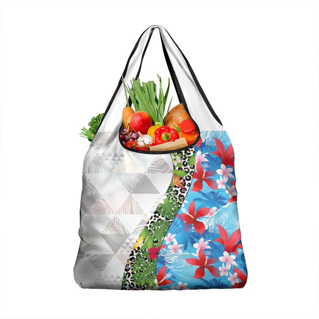 Hawaiian Tropical Flowers and Leaves Grocery Bag on Leopard Pattern Half Style White-Blue Version LT03 1-pack One Size White - Polynesian Pride