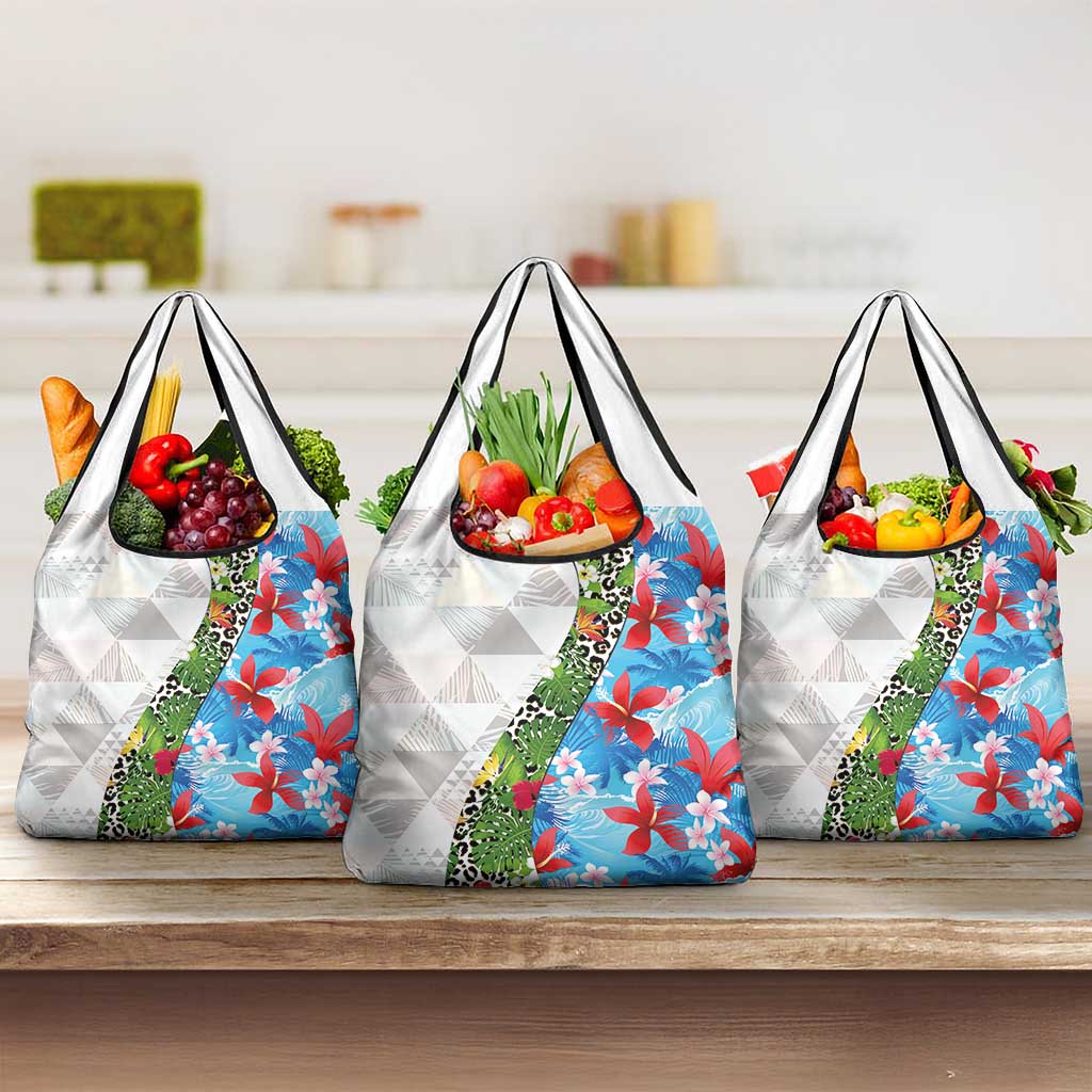 Hawaiian Tropical Flowers and Leaves Grocery Bag on Leopard Pattern Half Style White-Blue Version LT03 3-pack One Size White - Polynesian Pride