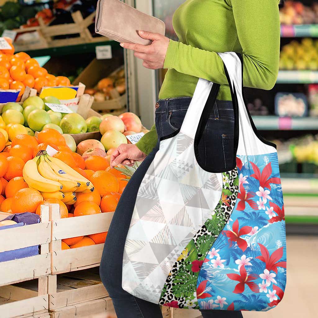 Hawaiian Tropical Flowers and Leaves Grocery Bag on Leopard Pattern Half Style White-Blue Version LT03 - Polynesian Pride