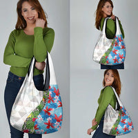 Hawaiian Tropical Flowers and Leaves Grocery Bag on Leopard Pattern Half Style White-Blue Version LT03 - Polynesian Pride