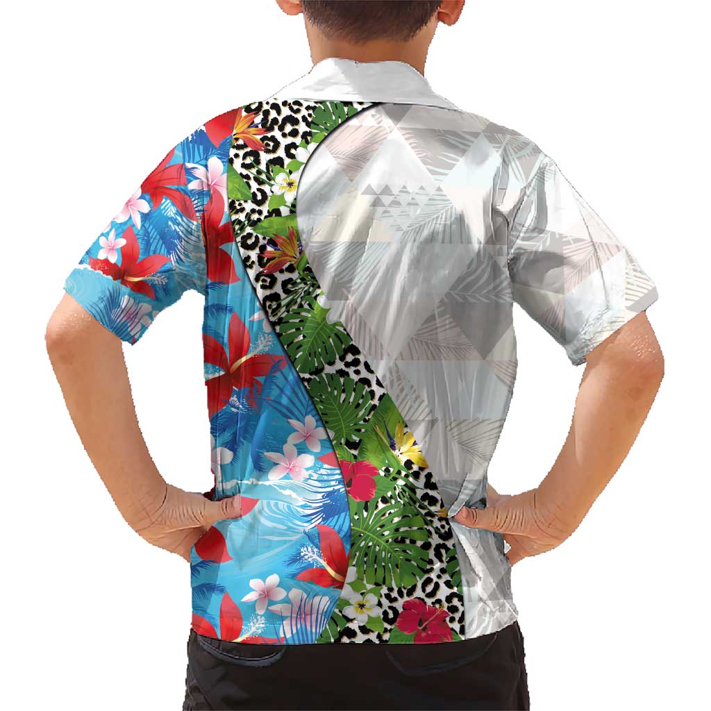 Hawaiian Tropical Flowers and Leaves Kid Hawaiian Shirt on Leopard Pattern Half Style White-Blue Version - Polynesian Pride
