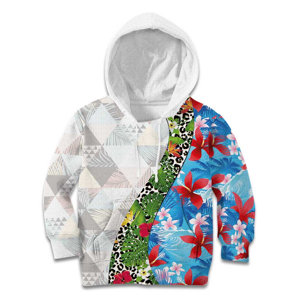 Hawaiian Tropical Flowers and Leaves Kid Hoodie on Leopard Pattern Half Style White-Blue Version - Polynesian Pride
