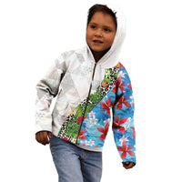 Hawaiian Tropical Flowers and Leaves Kid Hoodie on Leopard Pattern Half Style White-Blue Version - Polynesian Pride