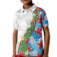 Hawaiian Tropical Flowers and Leaves Kid Polo Shirt on Leopard Pattern Half Style White-Blue Version - Polynesian Pride