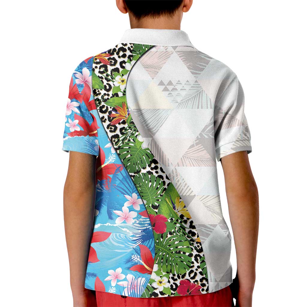 Hawaiian Tropical Flowers and Leaves Kid Polo Shirt on Leopard Pattern Half Style White-Blue Version - Polynesian Pride