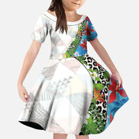 Hawaiian Tropical Flowers and Leaves Kid Short Sleeve Dress on Leopard Pattern Half Style White-Blue Version - Polynesian Pride