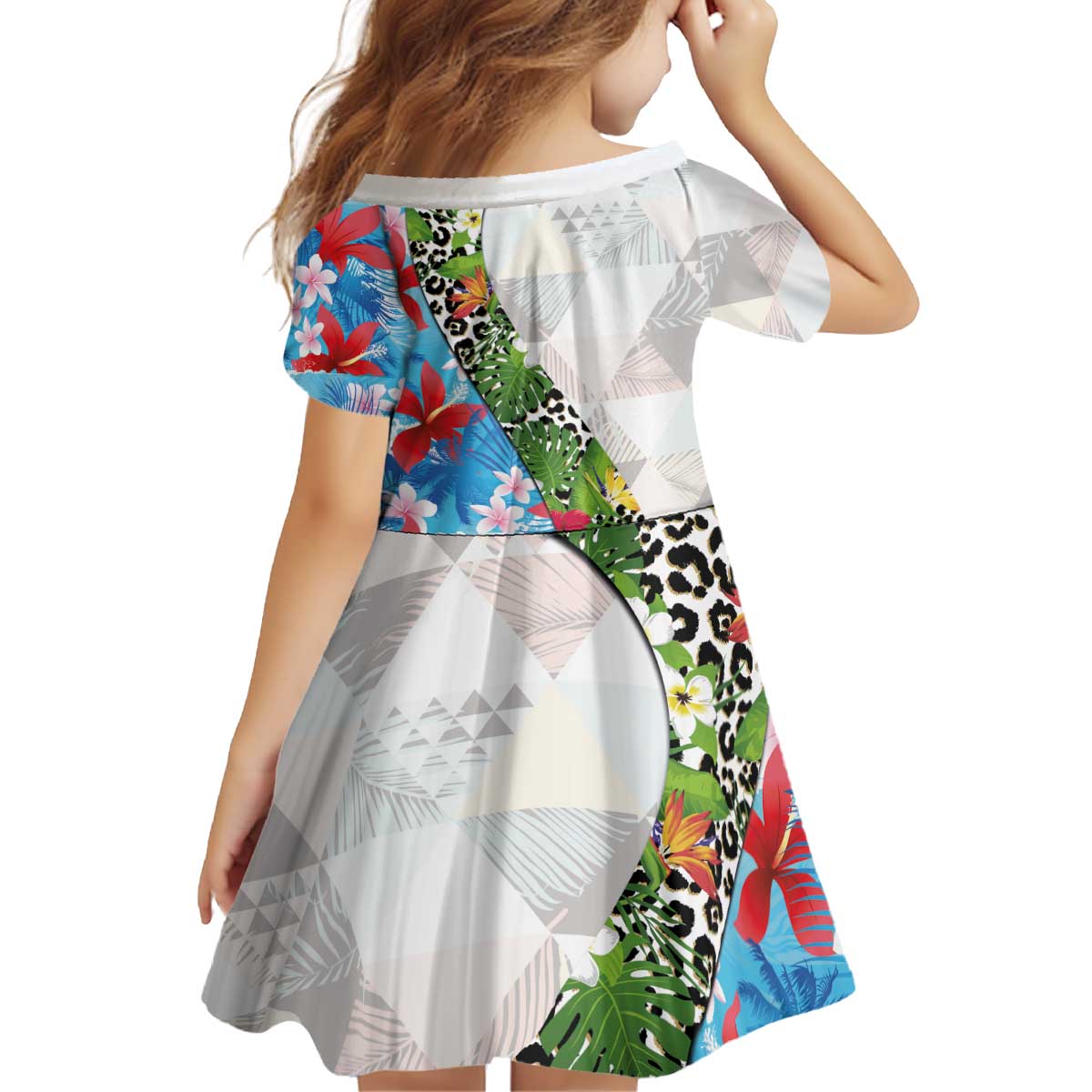 Hawaiian Tropical Flowers and Leaves Kid Short Sleeve Dress on Leopard Pattern Half Style White-Blue Version - Polynesian Pride