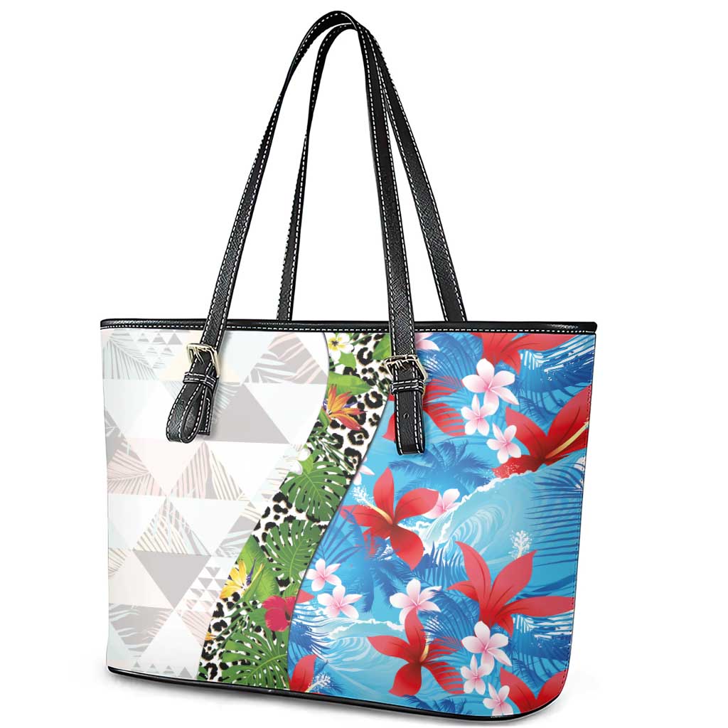 Hawaiian Tropical Flowers and Leaves Leather Tote Bag on Leopard Pattern Half Style White-Blue Version - Polynesian Pride