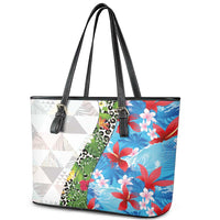 Hawaiian Tropical Flowers and Leaves Leather Tote Bag on Leopard Pattern Half Style White-Blue Version - Polynesian Pride