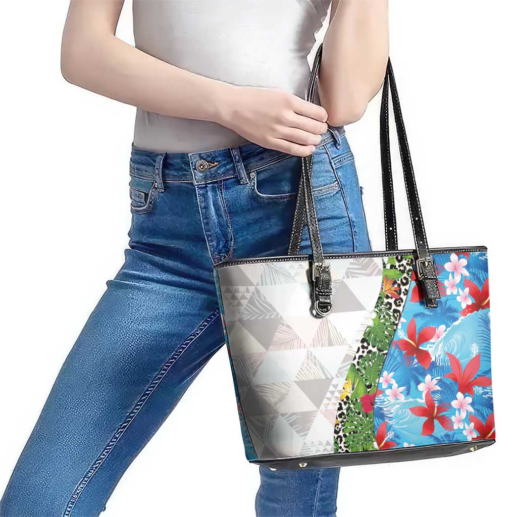 Hawaiian Tropical Flowers and Leaves Leather Tote Bag on Leopard Pattern Half Style White-Blue Version - Polynesian Pride
