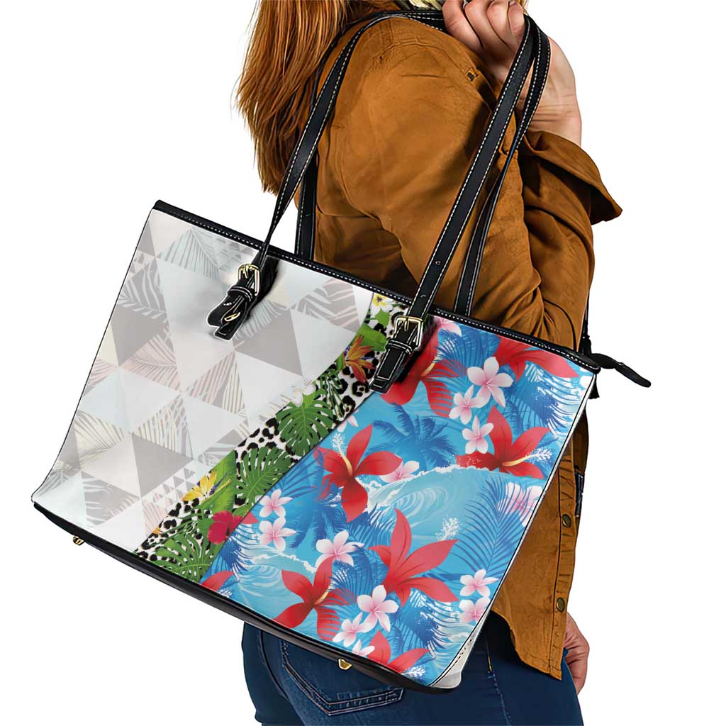 Hawaiian Tropical Flowers and Leaves Leather Tote Bag on Leopard Pattern Half Style White-Blue Version - Polynesian Pride