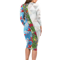 Hawaiian Tropical Flowers and Leaves Long Sleeve Bodycon Dress on Leopard Pattern Half Style White-Blue Version - Polynesian Pride