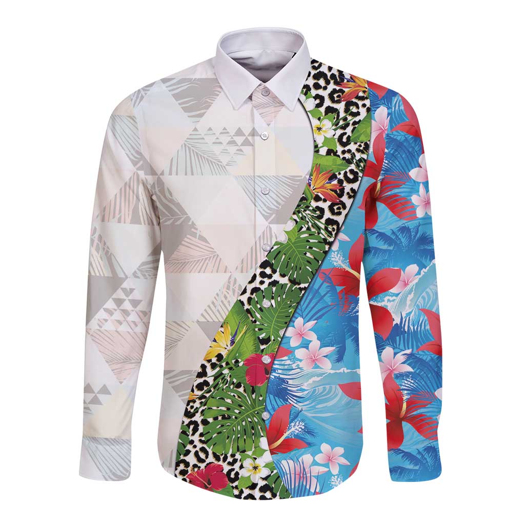 Hawaiian Tropical Flowers and Leaves Long Sleeve Button Shirt on Leopard Pattern Half Style White-Blue Version LT03 Unisex White - Polynesian Pride