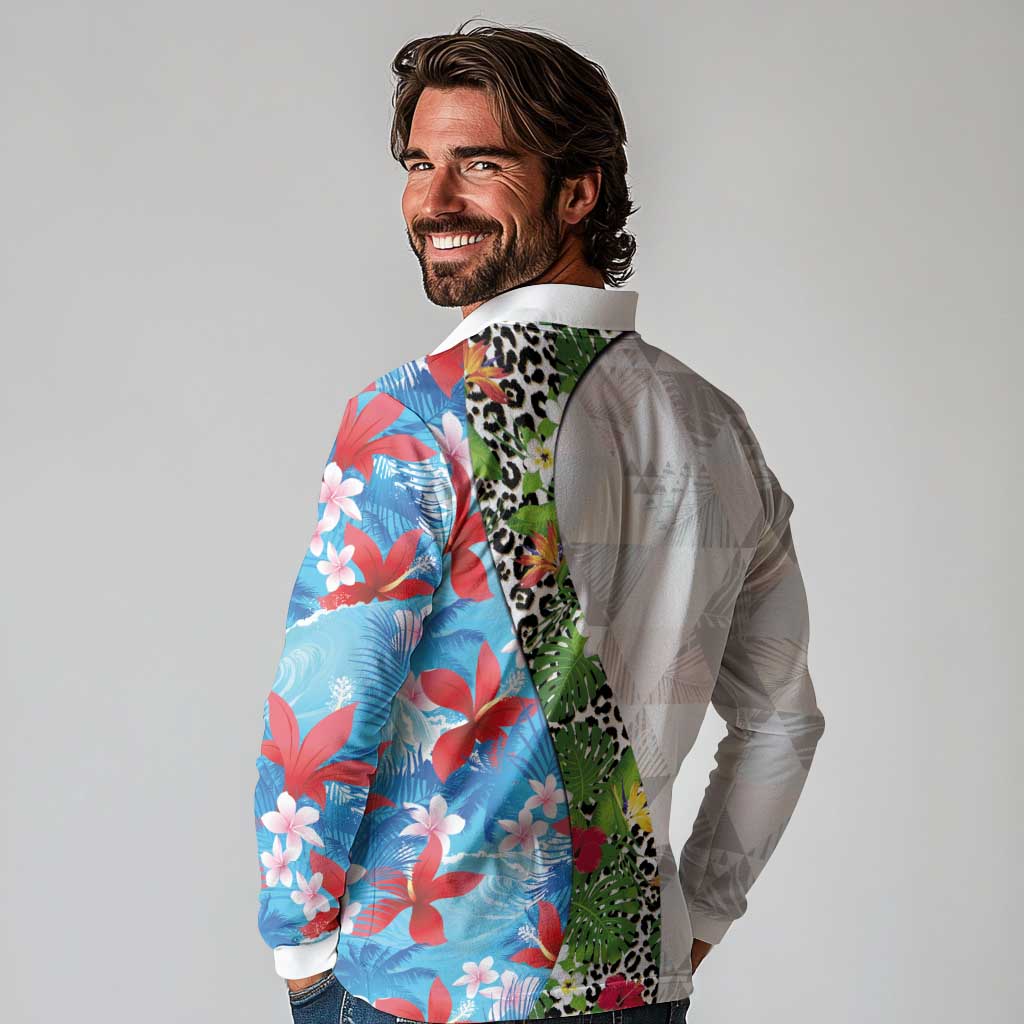 Hawaiian Tropical Flowers and Leaves Long Sleeve Polo Shirt on Leopard Pattern Half Style White-Blue Version - Polynesian Pride