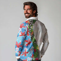 Hawaiian Tropical Flowers and Leaves Long Sleeve Polo Shirt on Leopard Pattern Half Style White-Blue Version - Polynesian Pride