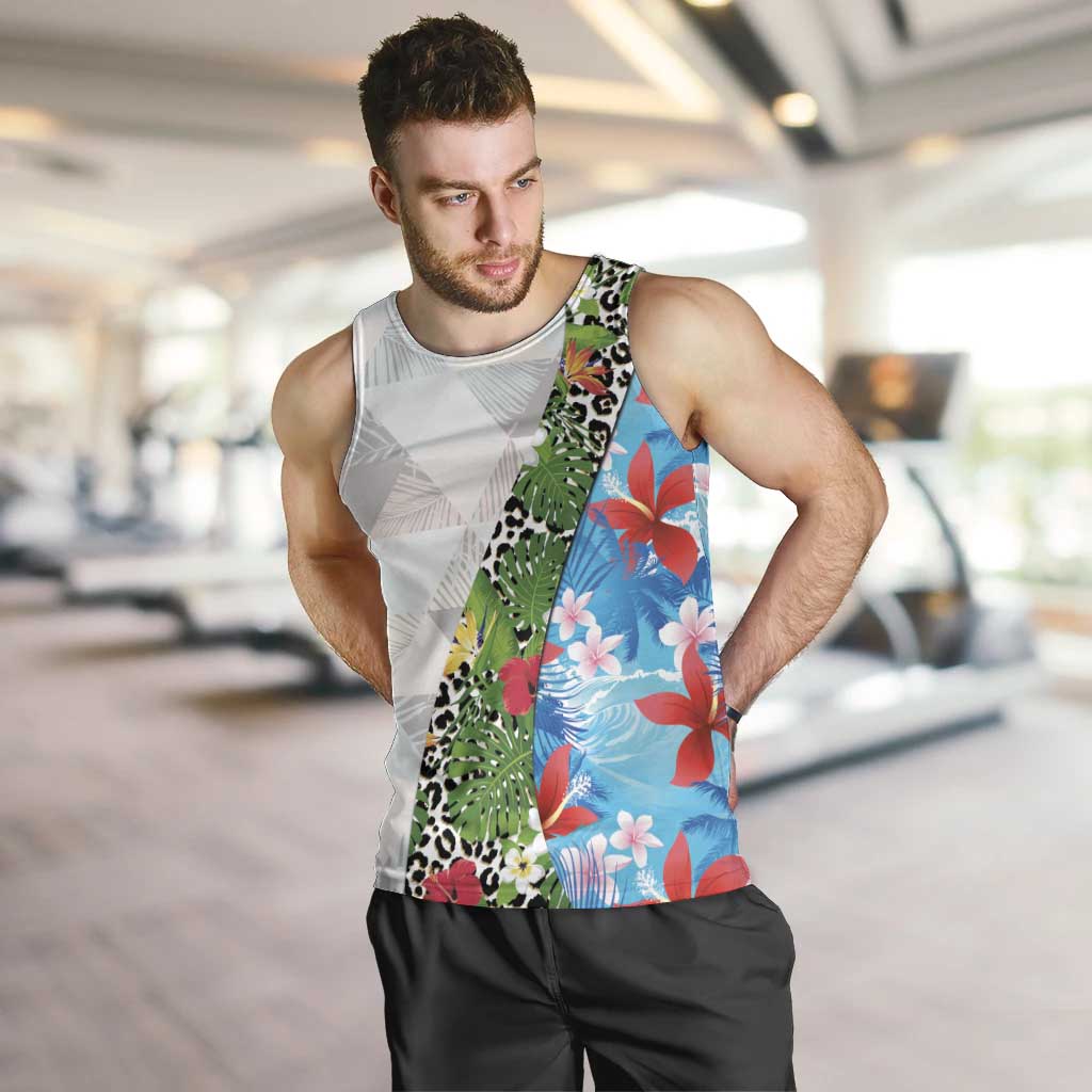Hawaiian Tropical Flowers and Leaves Men Tank Top on Leopard Pattern Half Style White-Blue Version LT03 White - Polynesian Pride