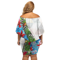 Hawaiian Tropical Flowers and Leaves Off Shoulder Short Dress on Leopard Pattern Half Style White-Blue Version - Polynesian Pride