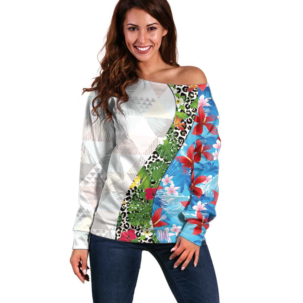 Hawaiian Tropical Flowers and Leaves Off Shoulder Sweater on Leopard Pattern Half Style White-Blue Version - Polynesian Pride