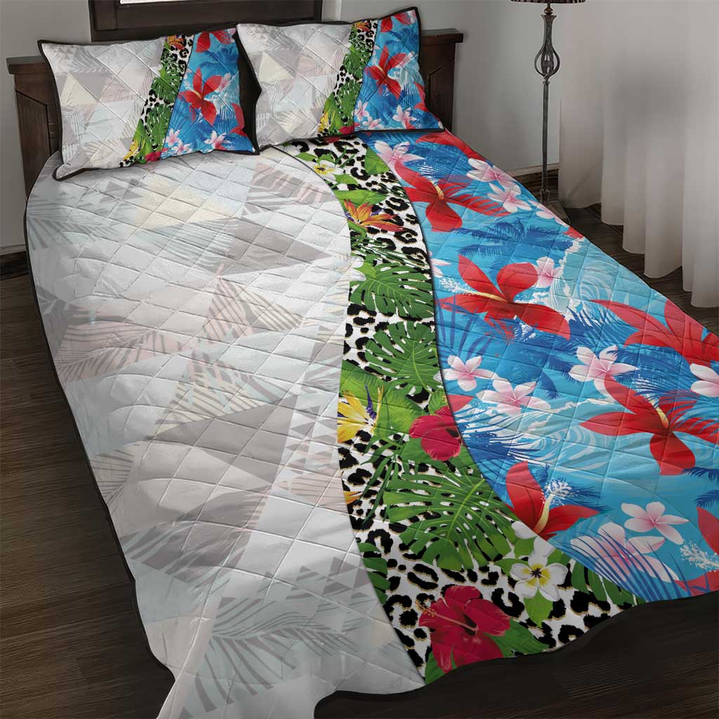 Hawaiian Tropical Flowers and Leaves Quilt Bed Set on Leopard Pattern Half Style White-Blue Version - Polynesian Pride