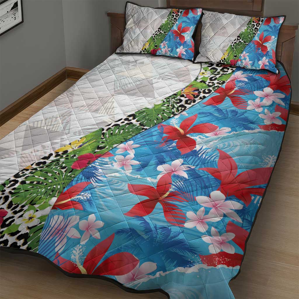 Hawaiian Tropical Flowers and Leaves Quilt Bed Set on Leopard Pattern Half Style White-Blue Version - Polynesian Pride