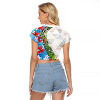 Hawaiian Tropical Flowers and Leaves Raglan Cropped T Shirt on Leopard Pattern Half Style White-Blue Version - Polynesian Pride