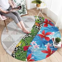 Hawaiian Tropical Flowers and Leaves Round Carpet on Leopard Pattern Half Style White-Blue Version - Polynesian Pride