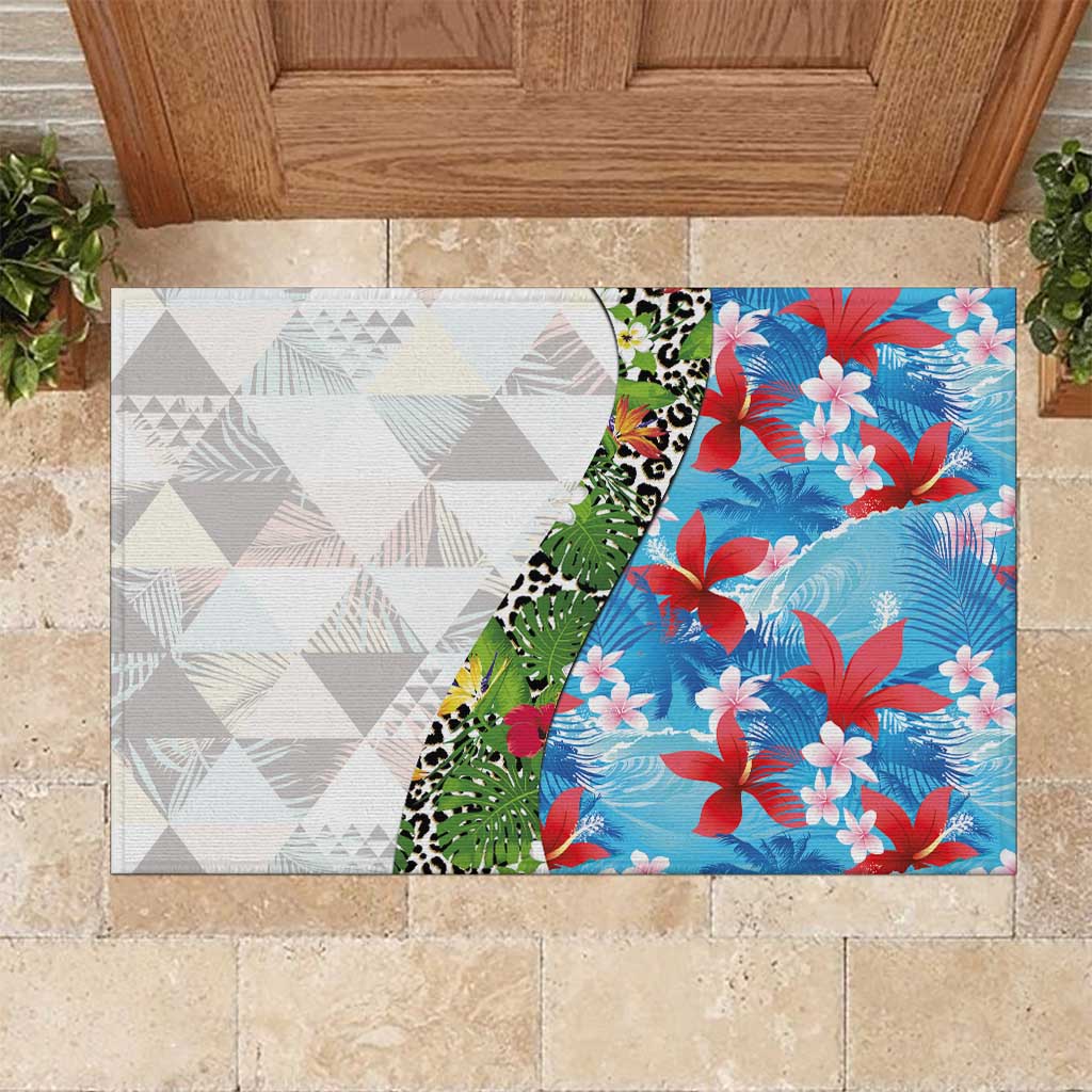 Hawaiian Tropical Flowers and Leaves Rubber Doormat on Leopard Pattern Half Style White-Blue Version LT03 White - Polynesian Pride