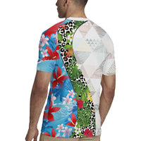 Hawaiian Tropical Flowers and Leaves Rugby Jersey on Leopard Pattern Half Style White-Blue Version LT03 - Polynesian Pride