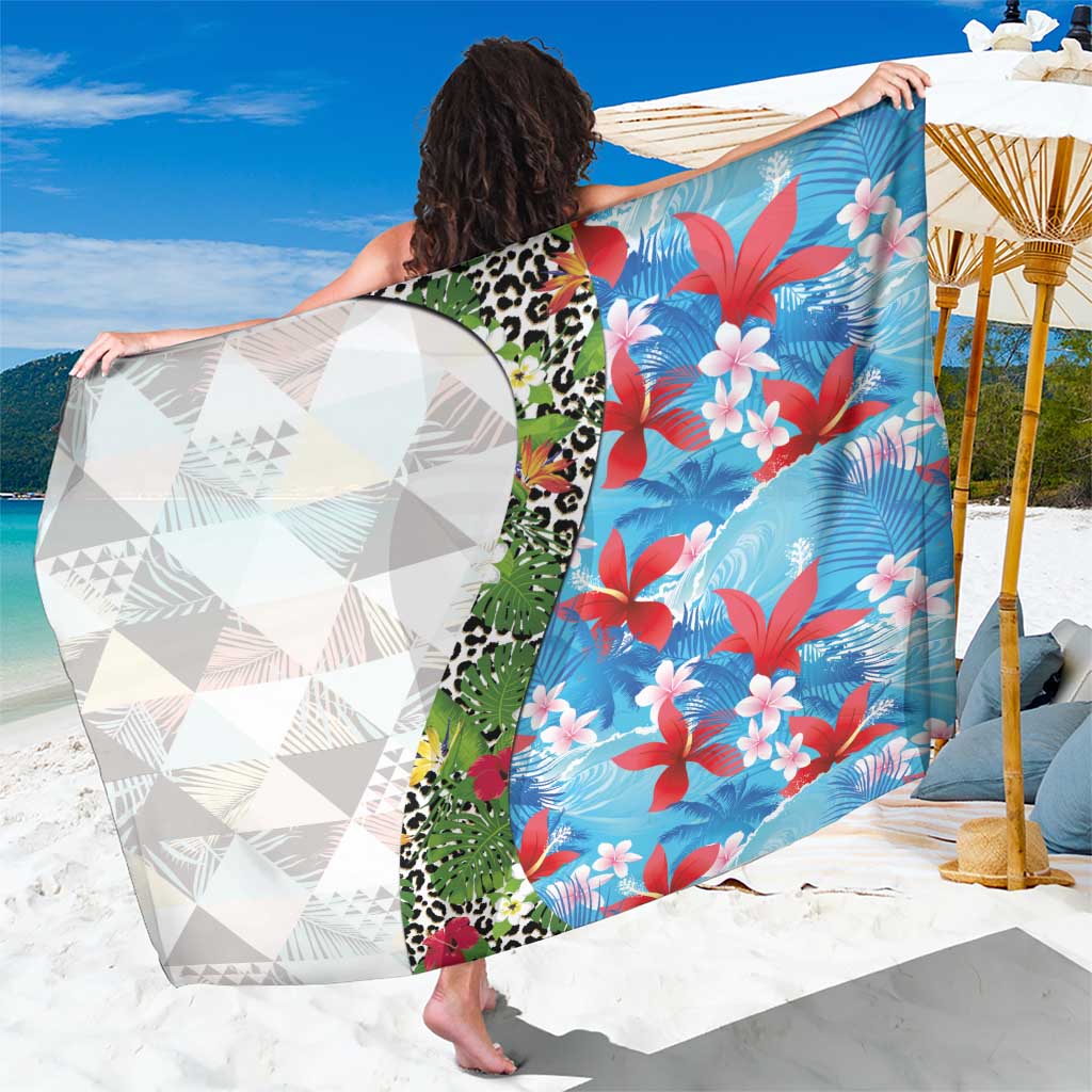 Hawaiian Tropical Flowers and Leaves Sarong on Leopard Pattern Half Style White-Blue Version - Polynesian Pride